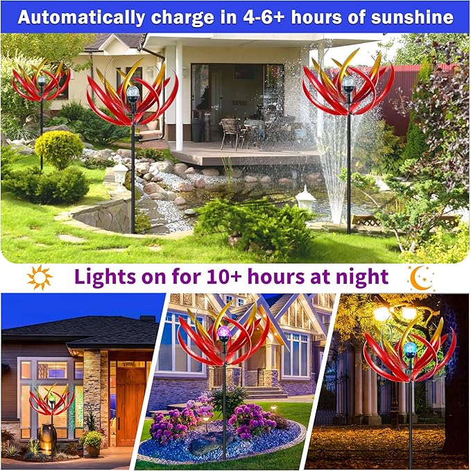 Wind Spinners Outdoor for Yard and Garden - Wind Sculptures & Spinners - 70 Inch Wind Spinner with Solar Powered Multi-Color Glass Ball Light for Yard Garden Backyard Lawn Decorations -Red and Gold