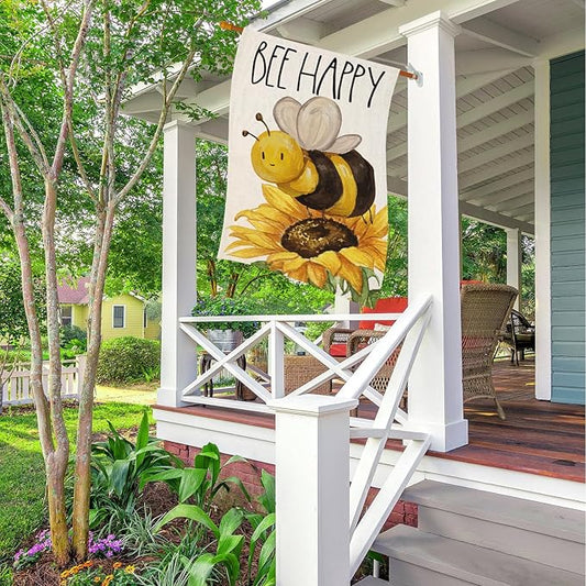 BEE HAPPY House Flags for Outdoor Decoration, Summer Watercolor Bee with Sunflower Large Yard Flag, Seasonal Decorative Celebration Decor for Spring Farmhouse Holiday Outside 28x40 Inch Vertical Double Sided