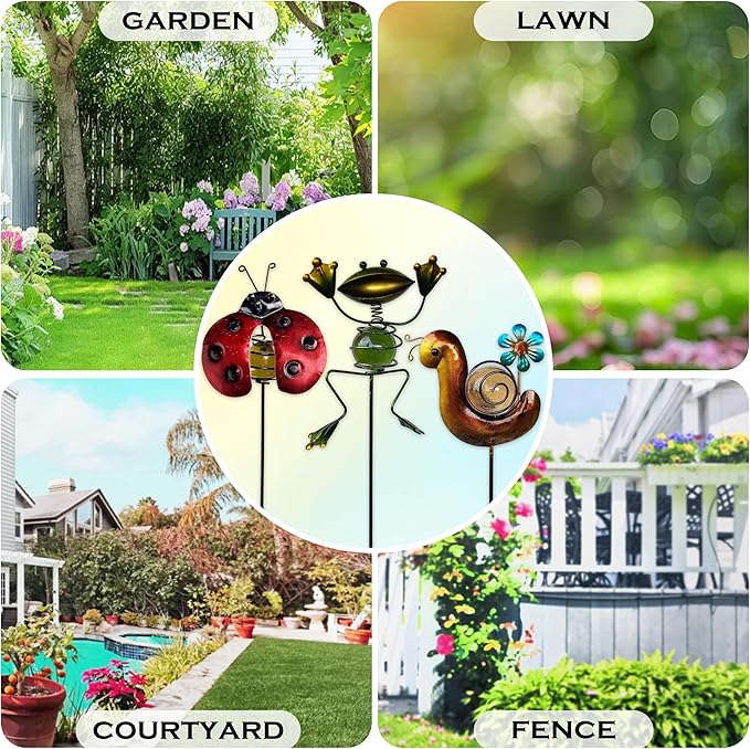 Garden Decor for Outside, Set of 3 Metal 16.5” Decorative Garden Stakes with Snail Beetle Frog for Garden Decorations, Welcome Yard Sign Art Stakes for Outdoor Lawn Backyard Porch