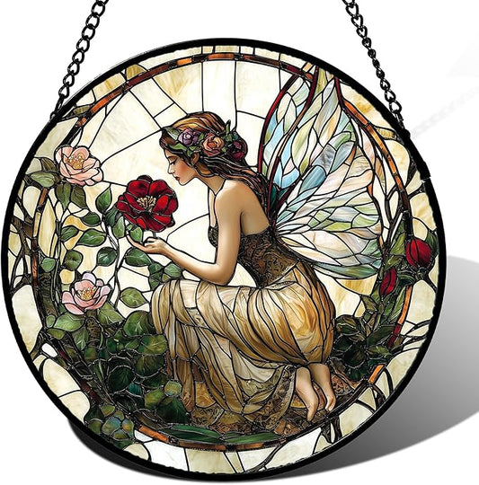 Stained Glass Window Hanging - Butterfly Flower Fairy Suncatcher for Door Terrace Garden Home Decor Yellow Green Plants Sun Catcher Birthday Gifts for Lovers Women Men Dad Mom Nana 9.8 in