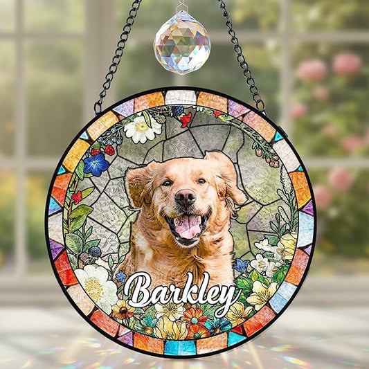 Personalized Pet Stained Glass Suncatcher, Dog Memorial Window Hanging, Sympathy Bereavement Potrait Photo Gift for Loss of Pet, Remembrance Gift for Dog Cat Lovers