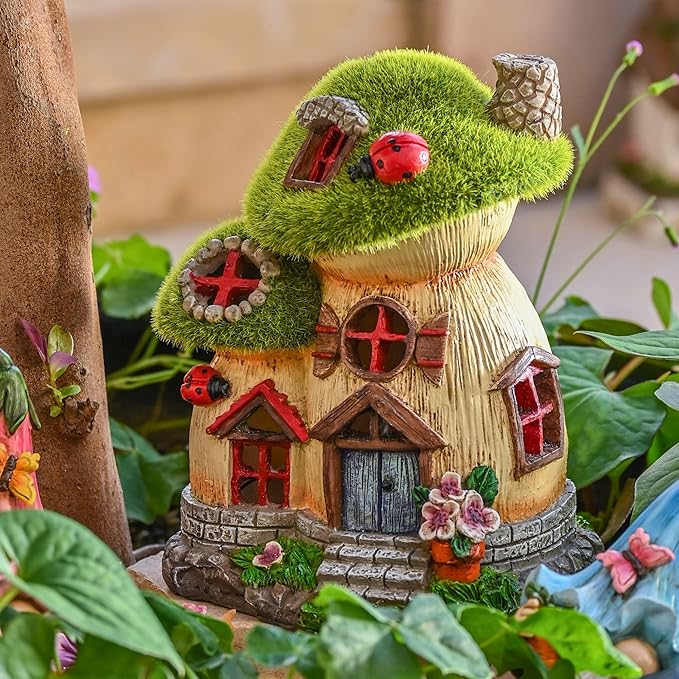 TERESA'S COLLECTIONS Mushroom Garden Statues with Outdoor Solar Light, Green Flocked Christmas Decorations for Home, Resin Fairy House Accessories Outdoor Decor Yard Thanksgiving Gifts for Mom, 7.7“