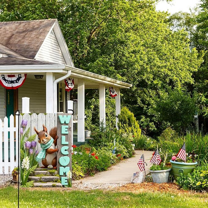 Spring Summer Welcome Flag with 12x18 inch ，Squirrel Design, Decorative Outdoor Double-Sided Banner with Purple Tulips and Mint Letters, Seasonal Home Yard Decor