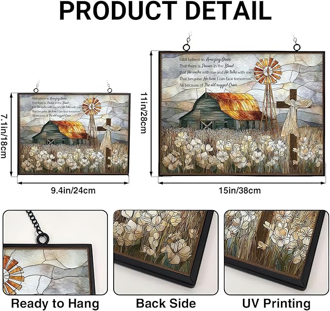 Personalized Rectangle Vintage Christian Grace Barn Cross Stained Glass Suncatcher Stained Glass Window Hangings Birthday Gift for Mom Grandma Teacher Women Friend Memorial Hook