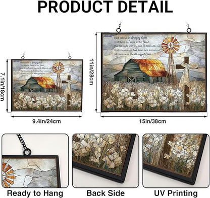 Personalized Rectangle Vintage Christian Grace Barn Cross Stained Glass Suncatcher Stained Glass Window Hangings Birthday Gift for Mom Grandma Teacher Women Friend Memorial Hook