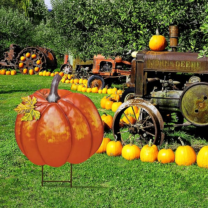K KILIPES 18.9" H Metal Pumpkin Garden Stake Decorative Fall Pumpkin Yard Sign for Home Outside Garden Lawn Porch Autumn Thanksgiving Decorations (1)