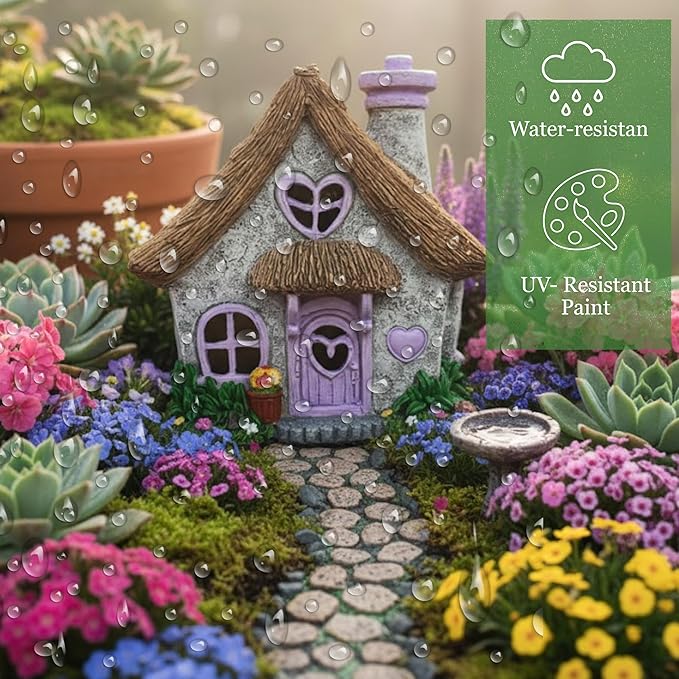 PRETMANNS Fairy House for Outside with Solar Powered LED Lights for Garden - Fairy Garden Houses for Outdoor - Miniature Accessories for Cottage Decor for Village - 7.56” High, Lavender