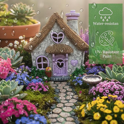 PRETMANNS Fairy House for Outside with Solar Powered LED Lights for Garden - Fairy Garden Houses for Outdoor - Miniature Accessories for Cottage Decor for Village - 7.56” High, Lavender