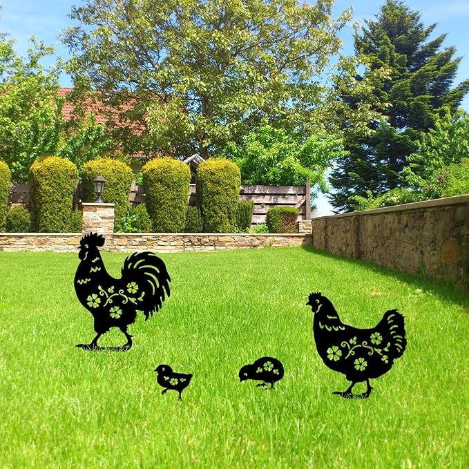 Metal Chicken Garden Decor Outdoor, Chicken Gifts for Women/Men/Chicken Lovers Gifts,Black Chicken Silhouette Statues Garden Decor for Outdoor Decor,Yard Art,Backyard,Patio,Lawn Ornaments (Black)
