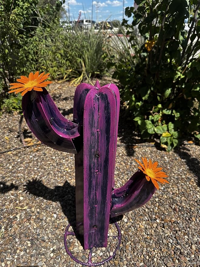 Colorful Metal Saguaro Cactus with Flowers - Handmade Garden Decor (Purple)