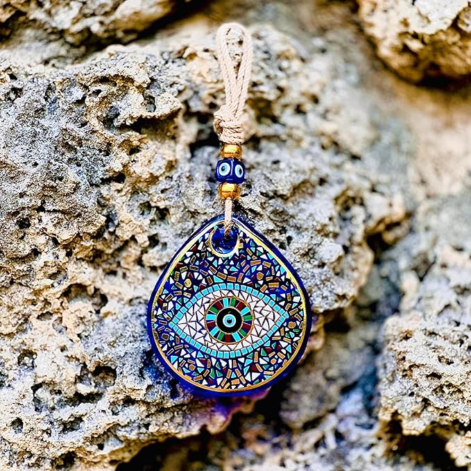 Mosaic Water Drop Evil Eye | The Thickest & Most Durable Glass Hanging Decor and Suncatcher | Positivity - Art - Charm | Indoor & Outdoor | Ojo Turco | Boho Protection Ornament | Turkish Nazar Amulet