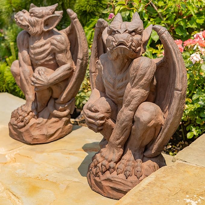 Zaer Ltd. Set of 2 Gothic Gargoyle Garden Statues, 28.4 Inch Tall Outdoor Sculptures (Antique Rust)