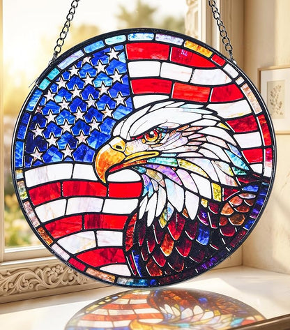 Stained Glass Window Hanging Suncatchers with American Bald Eagle 12.6", Vibrant Glass Panel with Metal Chain for Home Decor Gift for Women Mother's Day, Birthday, Men, and Mom