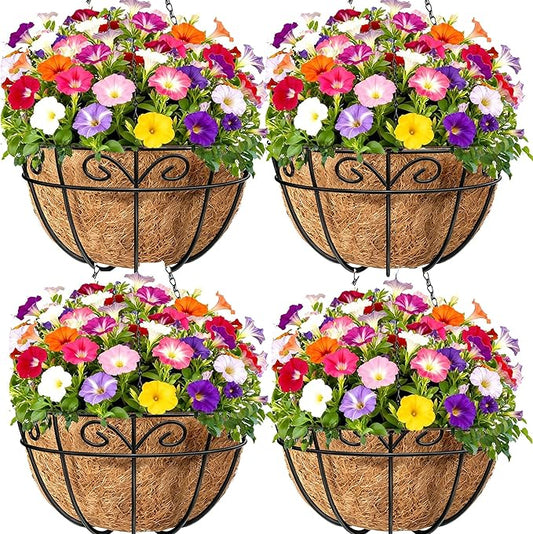 Amagabeli 4 Pack 14 Inch Metal Hanging Baskets Planter Outdoor Round Wire Hanging Basket for Plants with Coco Fiber Liners Chain Plant Holder for Garden Patio Deck Porch Plants Vegetables Flower Pots