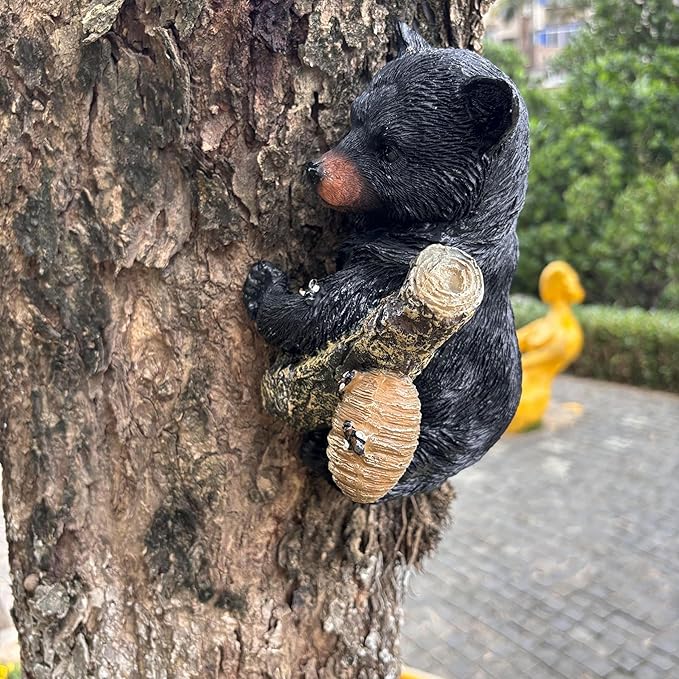 Black Bear cub Tree Hugger Decor. Forest Wildlife Animal Stadue，Climbing Tree Statue Hanging,Tree-Mounted - Realistic Polyresin stadue - for Housewarming, Outer Door,Garden, Yard.
