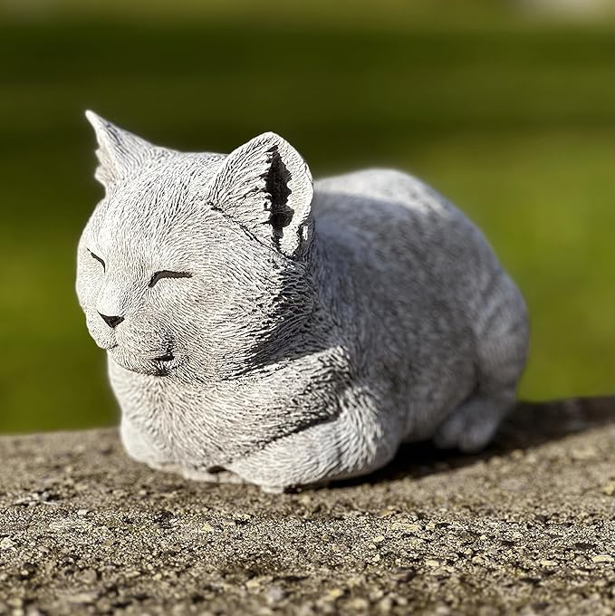 OLOMA Concrete Cat Statue - Grey Stone - Modern - Outdoor Animal Statue - Cat Memorial - Garden Decor - Kitten Figurine - Heavy & Solid - Weather Resistant