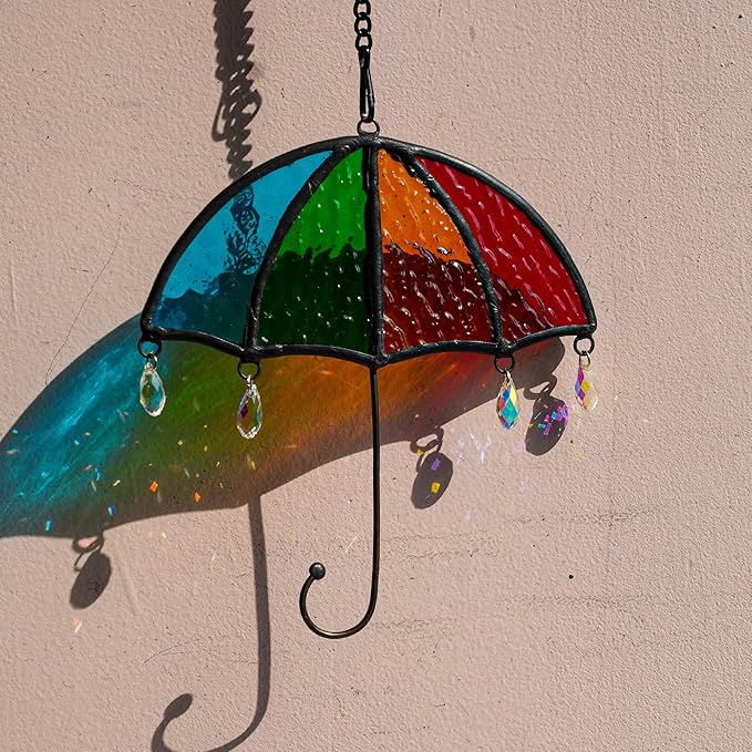 BOXCASA Umbrella Decor Suncatchers for Windows,Stained Glass Suncatchers Crystals Rainbow Umbrella,Stained Glass Window Crystal Beads Decor for Home,Living Room Bedroom Kitchen