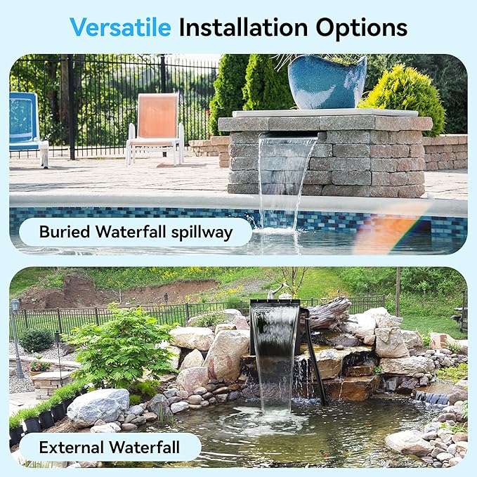 POPOSOAP Pond Waterfall Spillway with 660GPH Pump Kit, 304 Stainless Steel Waterfall with Filtration &9.8FT Corrugated Tubing Outdoor Fountain Kit for Garden, Koi Pond, Backyard,13.4" H x 12"W-P43H