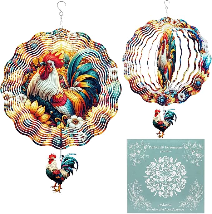 Rooster Wind Spinners, Chicken Gifts for Women Mom Grandma Wife, 12 inch 3D Stainless Steel Hanging Wind Spinners Outdoor for Garden Decorations, Christmas Thanksgiving Birthday Ornament Gifts