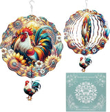 Rooster Wind Spinners, Chicken Gifts for Women Mom Grandma Wife, 12 inch 3D Stainless Steel Hanging Wind Spinners Outdoor for Garden Decorations, Christmas Thanksgiving Birthday Ornament Gifts