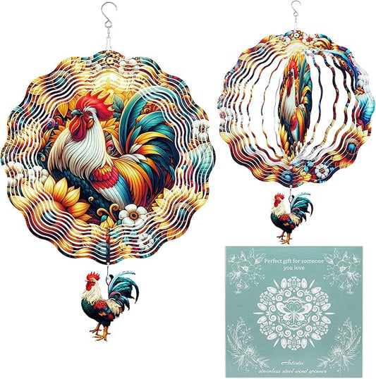 Rooster Wind Spinners, Chicken Gifts for Women Mom Grandma Wife, 12 inch 3D Stainless Steel Hanging Wind Spinners Outdoor for Garden Decorations, Christmas Thanksgiving Birthday Ornament Gifts