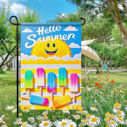 BlissYard Summer Garden Flags 12x18 Double Sided Outdoor Flag Summer Garden Flags For Outside Hello Summers with Smiling Sun and Colorful Popsicles, Ideal for Outdoor Yard and Patio Decor