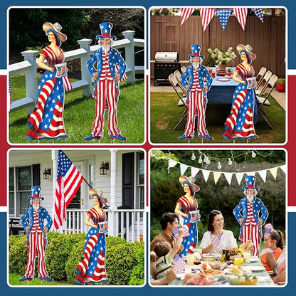 Beeveer 2 Pcs 4th of July Yard Sign with Stake Outdoor Patriotic Star Lawn Decoration American Man Woman Waterproof Welcome Party Yard Sign for Memorial Day Home Garden Pathway Supplies(Woman Man)
