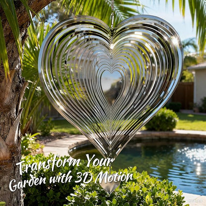Wind Spinner Garden Decor, for Women, Gifts for Grandma and Mom, 3D Heart 12-Inch Stainless Steel Hanging Yard Spinner for Outdoor & Indoor Metal Decoration, 1 Pack