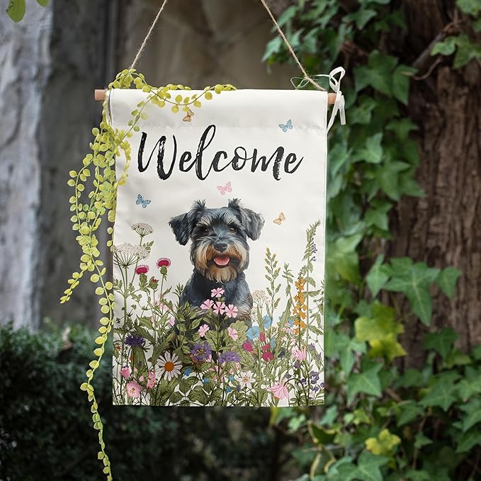 Floral Schnauzer Garden Flag Spring Summer House Flags 28 x 40 Double Sided Flower Dog Yard Flags for Outside Large Outdoor Welcome Flags