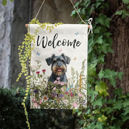 Floral Schnauzer Garden Flag Spring Summer House Flags 28 x 40 Double Sided Flower Dog Yard Flags for Outside Large Outdoor Welcome Flags
