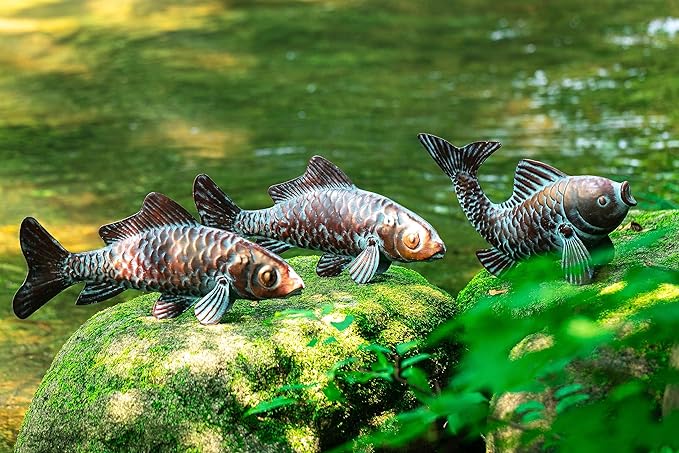 Outdoor Garden Statues Koi Fish Decor,Antique Copper Garden Sculptures & Statues for Outside,Patio,Backyard,Pond,Home,Decorations,Metal Yard Art Fish Stakes,Gifts for Mom Grandma,Set of 3
