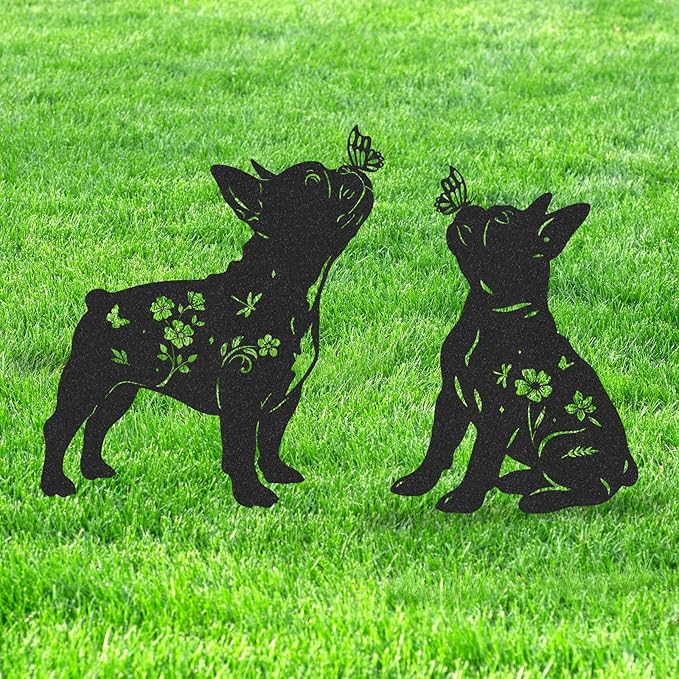 French Bulldog Garden Decor - 2 Pcs Metal Animal Statue Gifts Set for Dog Lover Black Yard Stakes Decorations with Butterfly Flower Silhouette Outdoor Sign Patio Lawn Pathway Art Ornaments