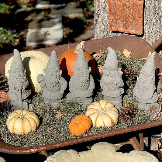 Vintage Garden Gnomes (Set/5): Solid Durable Stone Statue with Aged Texture. Sealed for Outdoor Use. Handcrafted USA. (Antique/Gray)