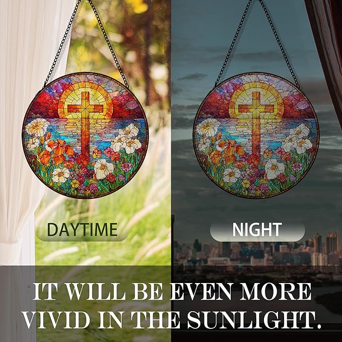 Flower Cross Suncatcher Stained Glass Window Hanging, Christian Wildflower Sunset Landscape Sun Catchers Indoor Window Glass Round Wall Decor, Religious Wall Art Hanging Decorations, ＂7.8x7.8＂