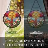 Flower Cross Suncatcher Stained Glass Window Hanging, Christian Wildflower Sunset Landscape Sun Catchers Indoor Window Glass Round Wall Decor, Religious Wall Art Hanging Decorations, ＂7.8x7.8＂