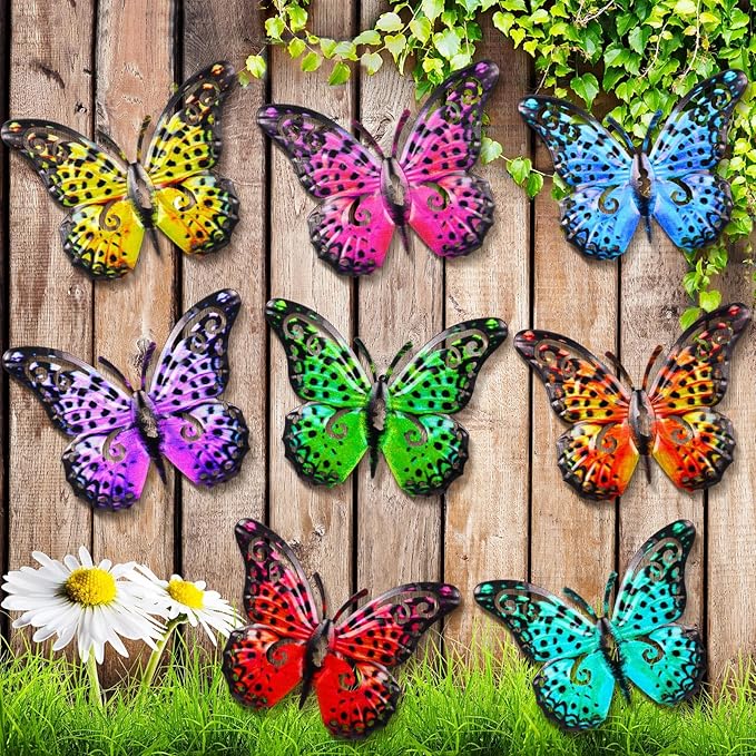 Jetec 8 Pcs Metal Butterfly Wall Decor 6.5 Inch Outdoor Butterflies Wall Art Sculpture 3D Butterfly Hanging Decoration for Spring Outside Fence Garden Yard Home Patio Balcony(Bright Style)