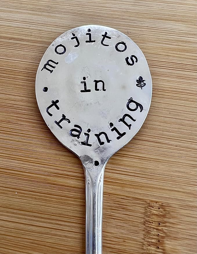 Herb Marker, Mint Funny Saying, Mojitos in Training, Hand Stamped on Silver Plate Gumbo Spoon, Garden Marker to Stick in Potted herb Plant