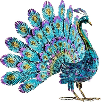 Alpine Corporation 23" Tall Outdoor Metallic Peacock Tail Spread Yard Statue, Vibrant Garden Sculpture for Patio, Lawn, or Entryway, Multicolor