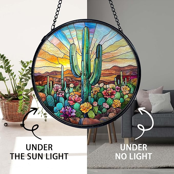 TNUW Western Cactus Stained Glass Window Hanging, Southwestern Desert Cactus Landscape Sun Catchers Indoor Window Glass Round Wall Art Decor, Western Wall Hanging Decorations, 7.9＂x7.9＂Suncatchers