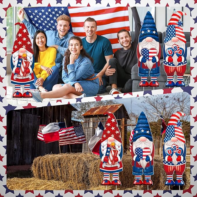 Umigy 3 Pcs 4th of July Yard Decor 32 x 10 Inch Outdoor Independence Day Gnome Yard Sign with Stakes Patriotic Red Blue White Lawn Garden Decoration United States 250th Anniversary Decor