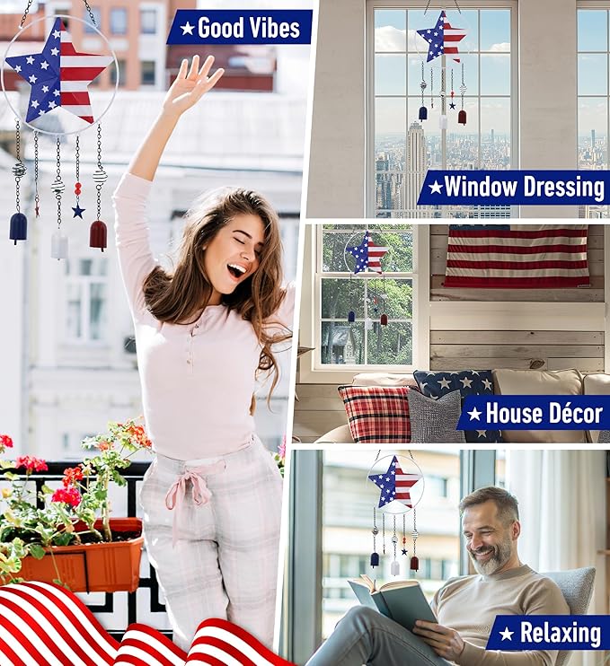 CoTa Global USA Flag Star Wind Chime - American Flag Patriotic Indoor or Outdoor Windchime Home Decor with Hanging Bells, Handcrafted Glass and Metal Wind Chimes for Yard, Garden, Porch - 24 Inch