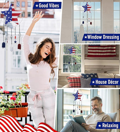 CoTa Global USA Flag Star Wind Chime - American Flag Patriotic Indoor or Outdoor Windchime Home Decor with Hanging Bells, Handcrafted Glass and Metal Wind Chimes for Yard, Garden, Porch - 24 Inch