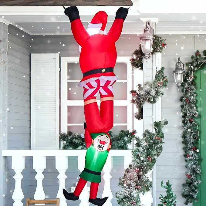 Joiedomi Hanging Christmas Inflatables Decoration, Christmas Inflatable Climbing Santa with Falling Elf, Blow Up Santa with Build-in LEDs for Xmas Party Outdoor Yard Garden Lawn Decor