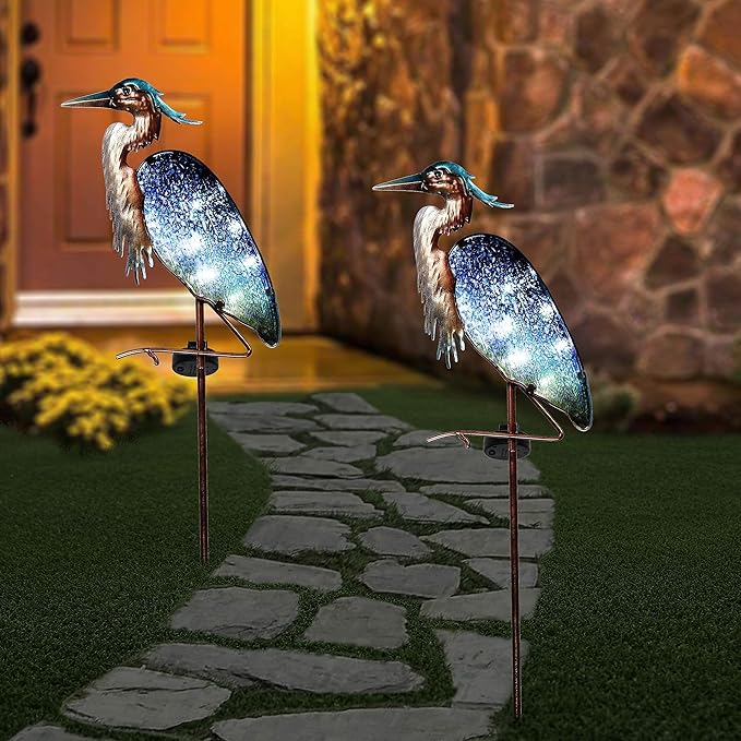 TERESA'S COLLECTIONS Flower and Heron Garden Decor with Solar Lights, Solar Powered Metal Stakes for Outdoor Patio Yard Lawn Decorations