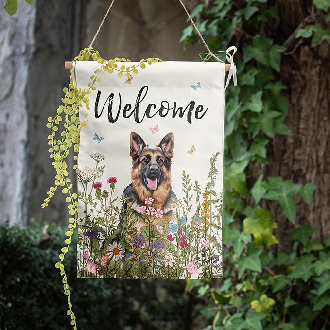 Spring Summer Garden Flag Floral German Shepherd Yard Flag Flower Dog Garden Flags for Outside Small Outdoor Welcome Flags 12x18 Double Sided