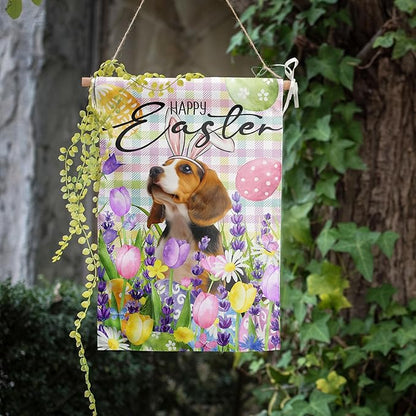 Happy Easter Dog Garden Flag Beagle Spring Flags Buffalo Plaid Bunny Eggs Yard Flag for Outside 12x18 Double Sided Small Decorative Floral Outdoor Flag