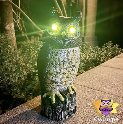 Owlsome Solar Owl with Glowing Eyes, Rotating Head, Hoot Sound, Motion Detector and Silent Mode, Plastic Owl Garden Sculpture, Garden Decoration
