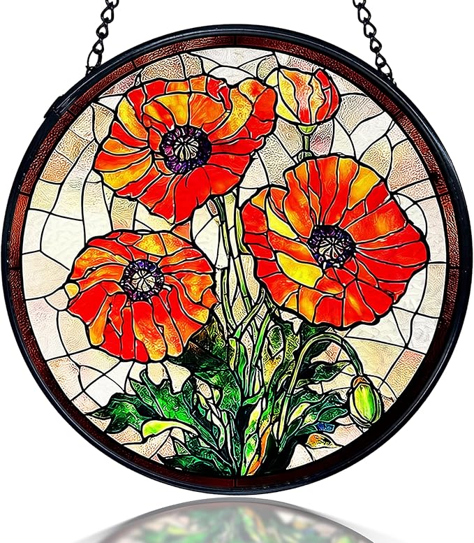 kdqua Poppy Flower Suncatcher Stained Glass Window Hanging, Poppy Flower Gifts Sun Catchers Indoor Window Glass Round Wall Decor, Orange Floral Wall Art Hanging Decorations Statues, 7.9x7.9in
