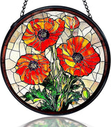 kdqua Poppy Flower Suncatcher Stained Glass Window Hanging, Poppy Flower Gifts Sun Catchers Indoor Window Glass Round Wall Decor, Orange Floral Wall Art Hanging Decorations Statues, 7.9x7.9in