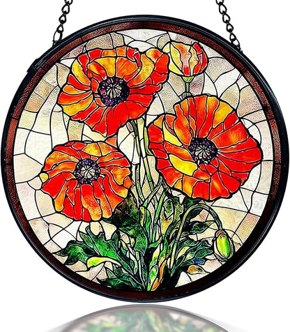 kdqua Poppy Flower Suncatcher Stained Glass Window Hanging, Poppy Flower Gifts Sun Catchers Indoor Window Glass Round Wall Decor, Orange Floral Wall Art Hanging Decorations Statues, 7.9x7.9in